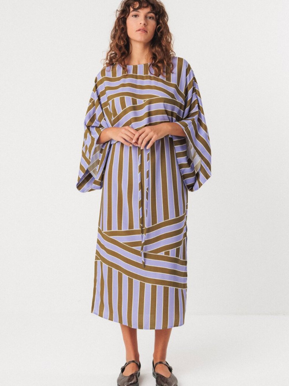 SKFK LIGI Maxi Dress Lavender Green Stripe Kimono Sleeves Sz 6 Unique Exclusive